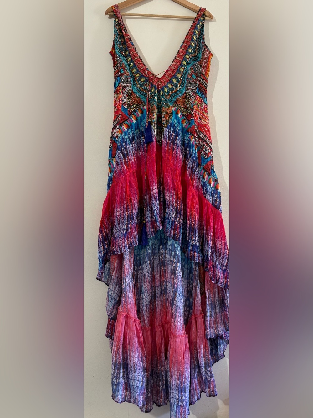 Vibrant Pink & Blue High-Low Boho Dress